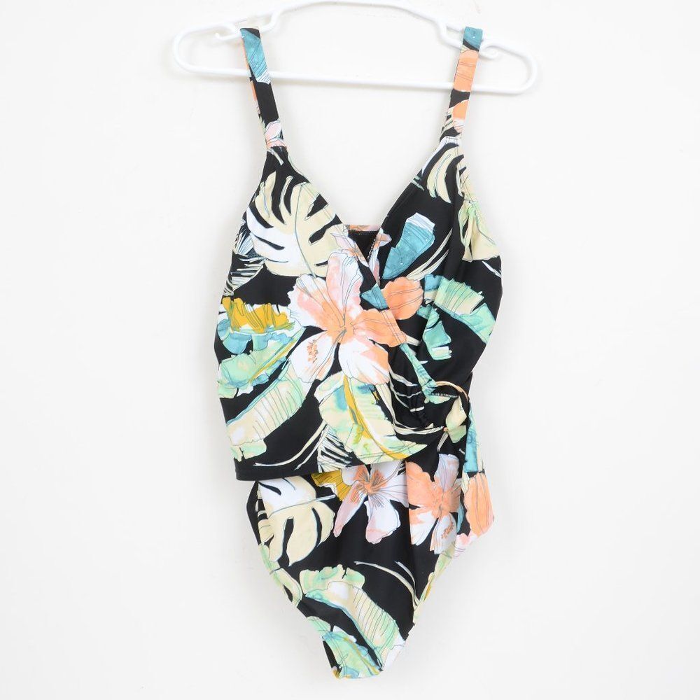 Kona Sol Black Multi Tropical Floral Double Ring Wrap One Piece Swimsuit 16W